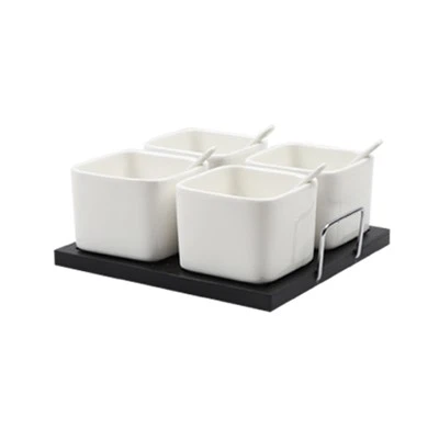 Set Of 4 Dishes With Spoons On Wooden(mdf) Tray