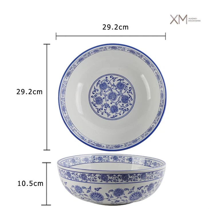 Vintage Floral 12 Inch Salad Ceramic Bowl Underglaze Colour Blue And White Porcelain